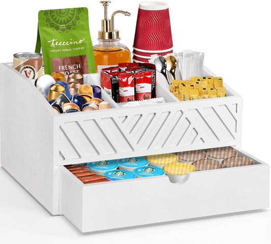 Farmhouse Wooden Coffee Bar Organizer - Countertop Station With Drawer, Pods Holder & Storage Basket