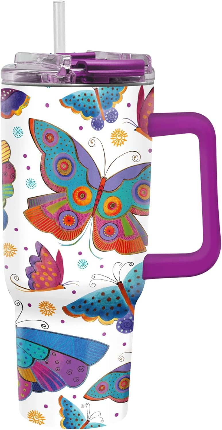 RainCaper 18/8 Stainless Steel Insulated Water Tumbler with Straw | 30oz, BPA-Free, Double Wall for Hot & Cold | Travel-Friendly, Cup Holder Ready (Laurel Burch Mariposas)