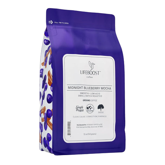 Lifeboost Midnight Blueberry Mocha Ground Coffee - Low Acid Single Origin Coffee - Non-GMO Wild Blueberry Coffee Grounds Third Party Tested For Mycotoxins & Pesticides - 12 Ounces
