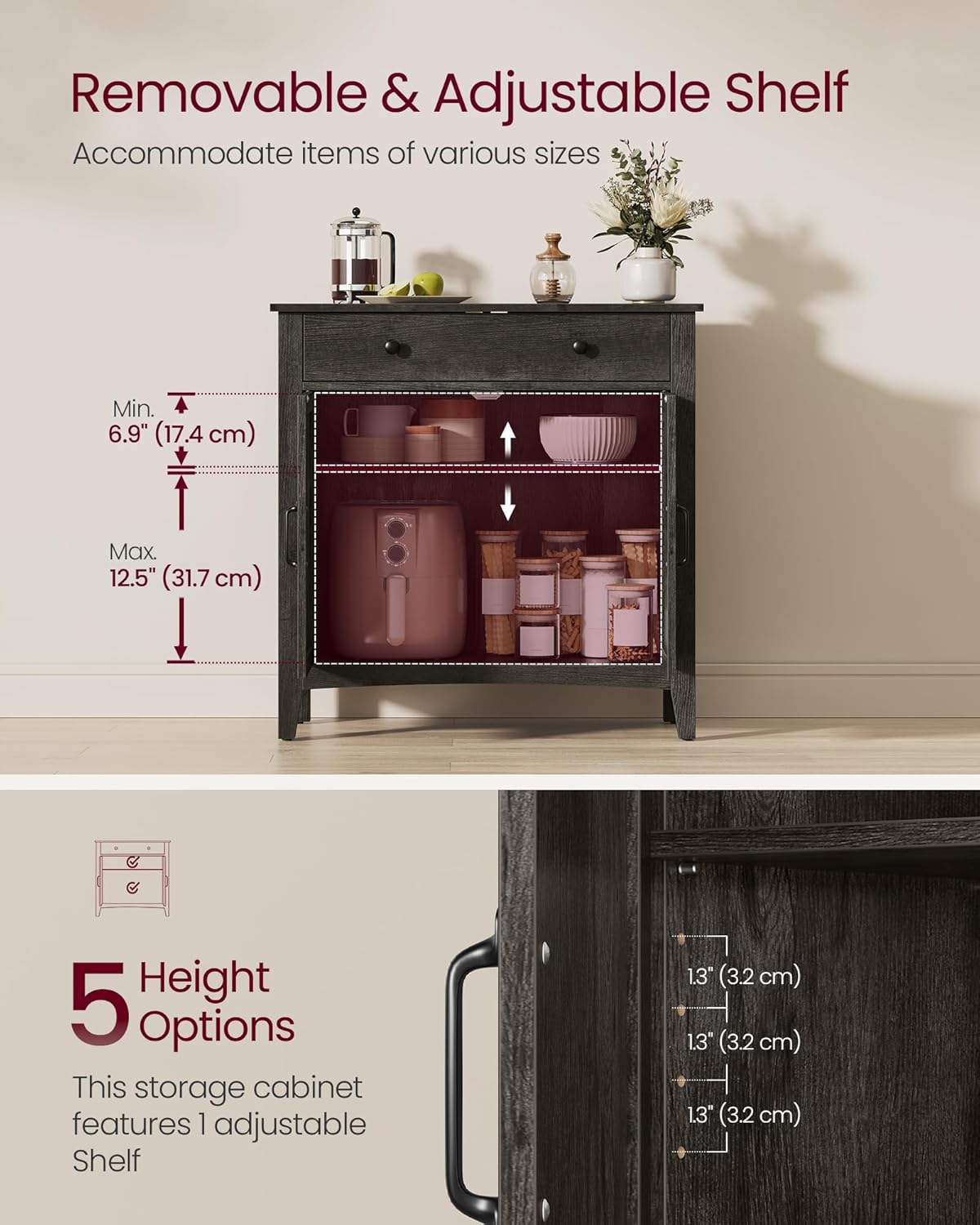 VASAGLE LIRY Collection - Buffet Cabinet, Coffee Bar Cabinet with a Drawer, Adjustable Shelf, Sideboard Storage with Cable Hole, Drawer Divider, Antique Charcoal UBBK341B02