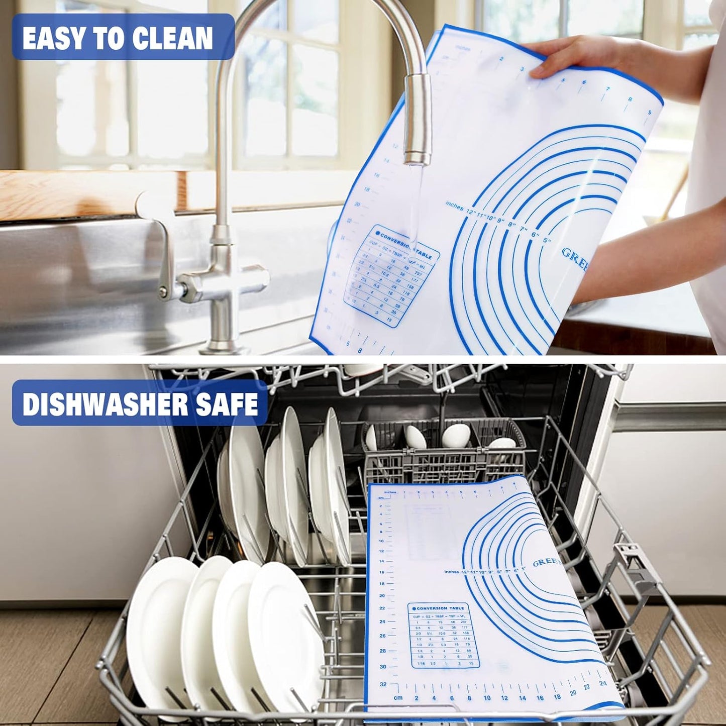 Silicone Pastry Mat Extra Thick Large Non Stick Baking Supplies Kitchen Counter Cooking Rolling Dough Sheet Pie Crust Sourdough Bread Oven Liner with Measurement (XXL-24''(W)*32''(L), 2#Blue)