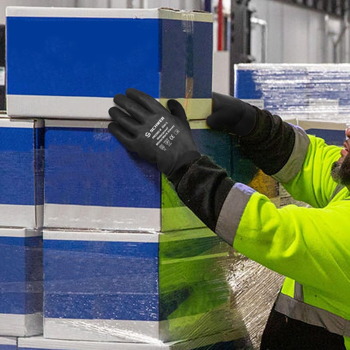 Schwer FreezeGuard Winter Work Gloves, ANSI A2 Cut Resistant Freezer Gloves for Outdoor Cold Weather Keep Hands Warm, Waterproof Gloves for Shoveling Snow, Ice Fishing, L