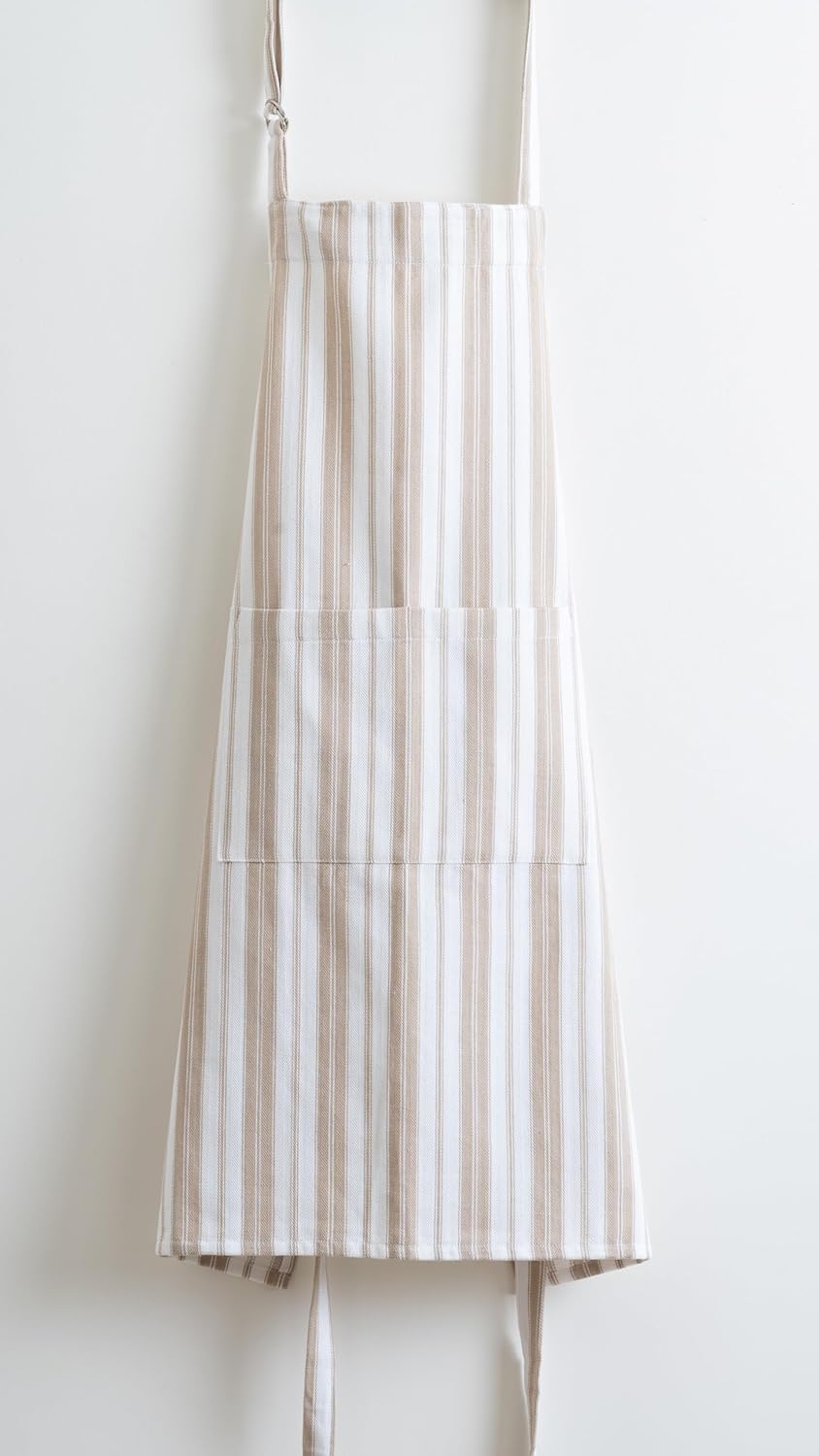 1 Oven Mitt, 1 PotHolder & 1 Kitchen Apron Set - Durable Heat Resistant Gloves - Thick Mittens for Kitchen - Suitable for Cooking, Baking, Grilling – for Men & Women – Taupe Stripes - Casa De Lan