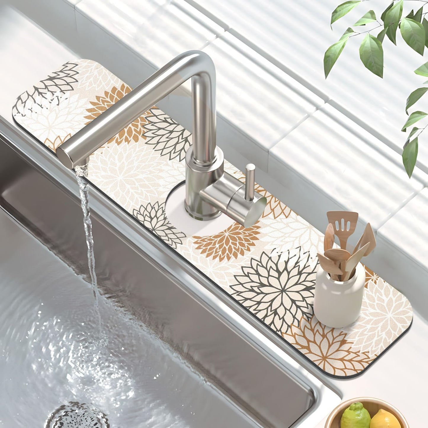 Findosom 2PCS 12" x 20" Dish Drying Mat & 24" x 5.5" Sink Splash Guard, Super Absorbent & Cuttable Dish Mat Drying Kitchen Mat with Brown Floral, Hide Stain Drying Mat for Kitchen Counter