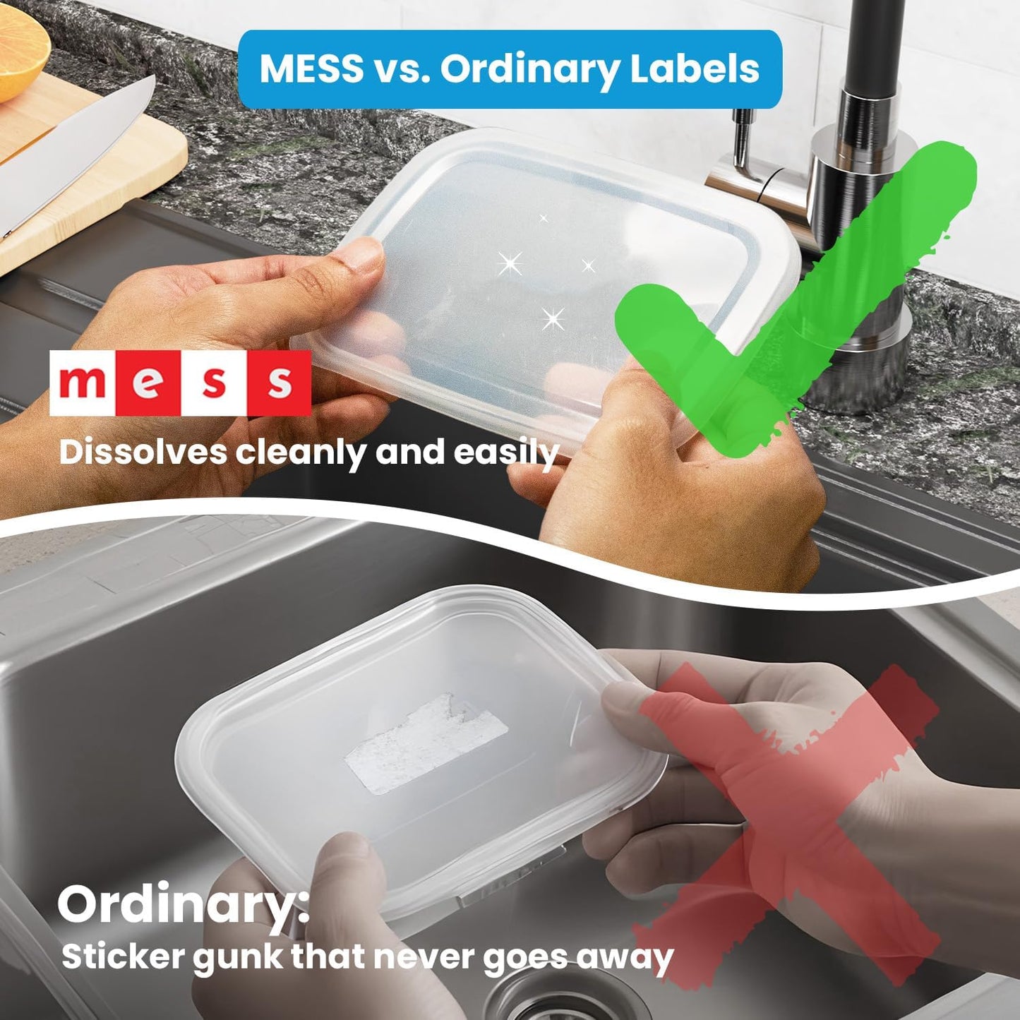 MESS Dissolvable Freezer Labels – 500-Pack – Removable Labels for Containers, Blank Food Storage Stickers, 1x2 in, Bottles, Jars & Freezer Use
