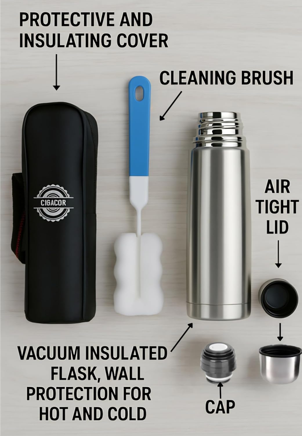 CIGACOR Stainless Steel Insulated Bottle – 17oz Coffee Travel Mug – Keeps Drinks Hot for 12 Hours & Cold for 24 – Leakproof Lid – Fits Car Cup Holders – Ideal for Office, Gym & Travel