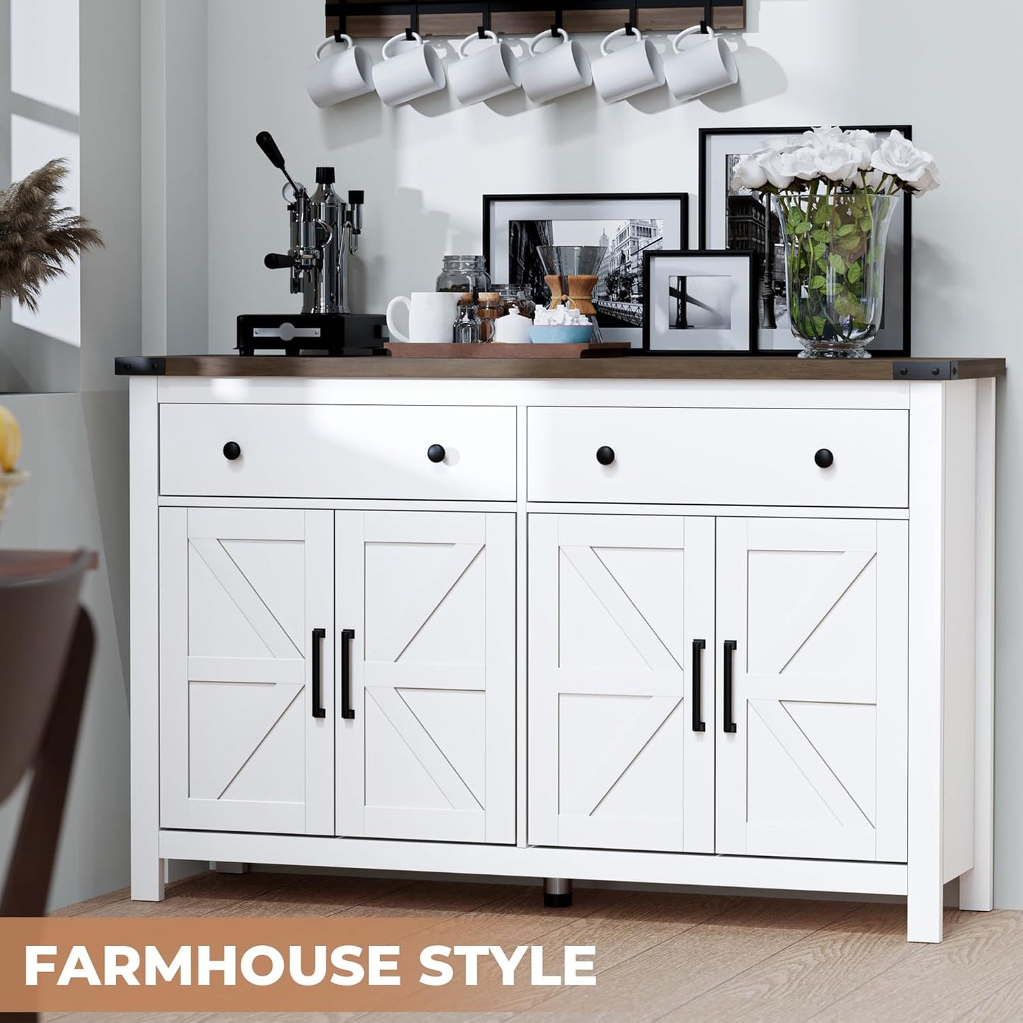 55" Sideboard Buffet Cabinet with Storage, Coffee Bar Cabinet with 2 Drawers and 4 Barn Doors, Long Storage Cabinet Modern Farmhouse, White Wood, for Kitchen, Dining Room, Living Room