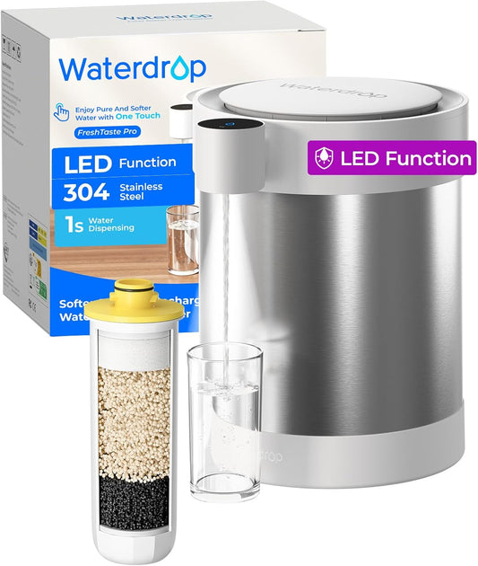 Waterdrop Rechargeable Non-Gravity Water Filter System with LED Function, Reduces 70+ Contaminants, Lead, Chlorine, 5-Stage Stainless Steel Filtration System, 22-Cup Water System, with 1 Filter