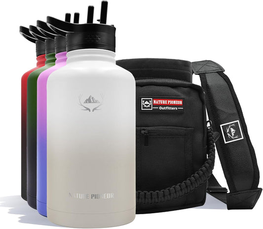 NATURE PIONEOR Insulated Water Bottles with Straw - 64oz Stainless Steel Vacuum Bottle with Holder/Carrier/Sleeve - Reusable 18/8 Food Grade Half Gallon Water Jug