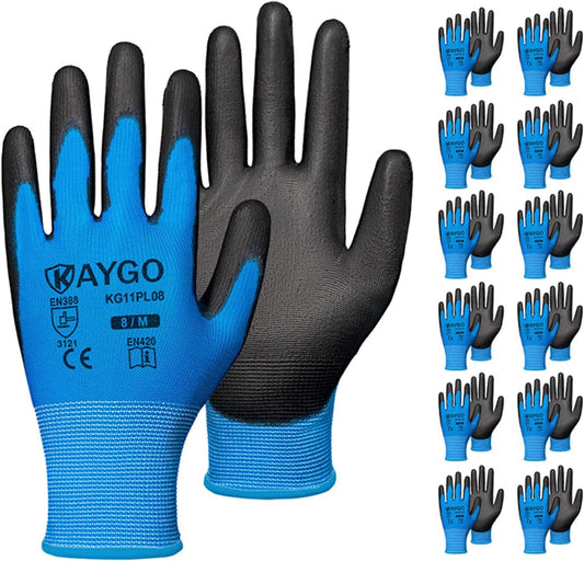 KAYGO Safety Work Gloves PU Coated,12 Pairs KG11PB, Seamless Knit Glove with Polyurethane Coated Smooth Grip on Palm & Fingers, for Men and Women, Ideal for General Duty Work (Medium,Blue)