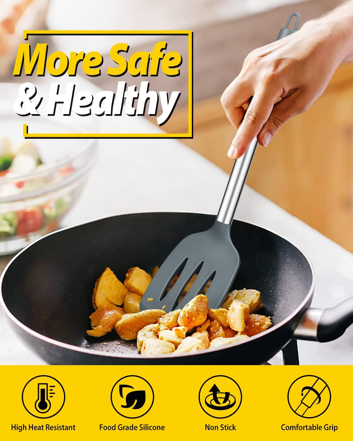 Pack of 4 Silicone Cooking Utensils Set, Non Stick Large Solid Spatulas, Heat Resistant Gray Slotted Spoons, Ideal BPA Free Kitchen Turners for Frying, Mixing,Serving,Draining,Turning,Stirring