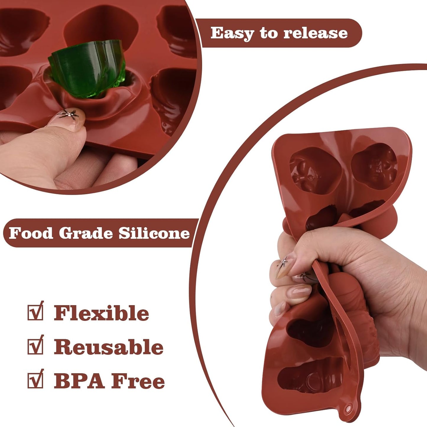 Actvty Skull Chocolate Molds, Halloween Chocolate Candy Molds, 2 Packs 10 Cavity Skull Silicone Molds with 5 Different Designs for Making Chocolate, Candy, Gummy, Jello, Cake Decor, Wax Melts