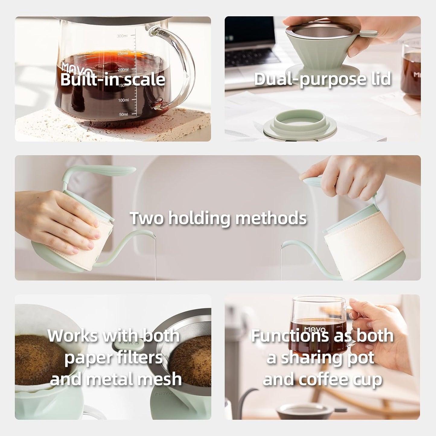 Pour Over Coffee Maker Set, Pour Over Kettle, Coffee Dripper, Glass Coffee Server with Scale, Stainless Steel Filter (Grey)