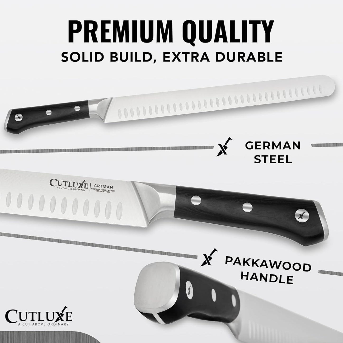 Cutluxe BBQ Knife Carving Set – 12" Brisket Knife & 10" Honing Rod, Butcher Knife Set for Meat Cutting – Ultra Sharp German Steel, Ergonomic Pakkawood Handles – Artisan Series