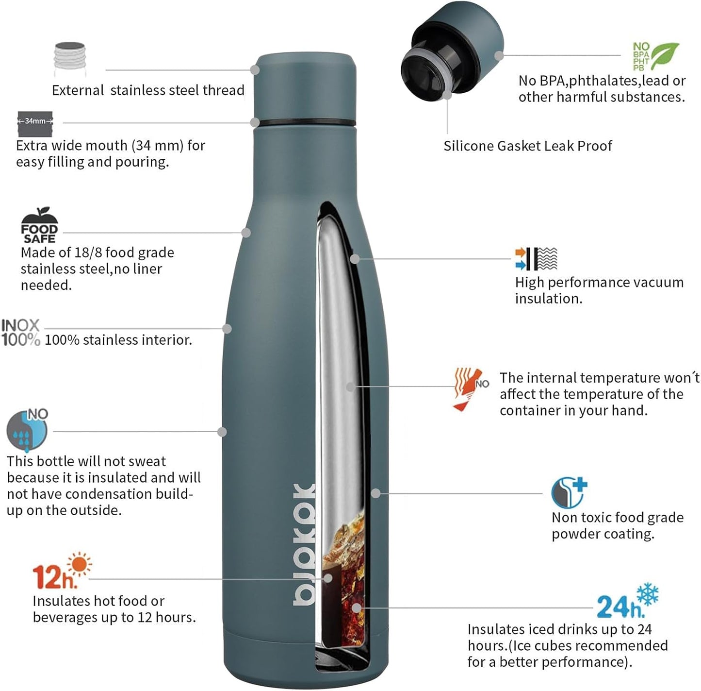 BJPKPK 17oz Insulated Water Bottles Stainless Steel Sports Water Bottles Keep Cold and Hot for Travel Dishwasher Safe,Dark Grey