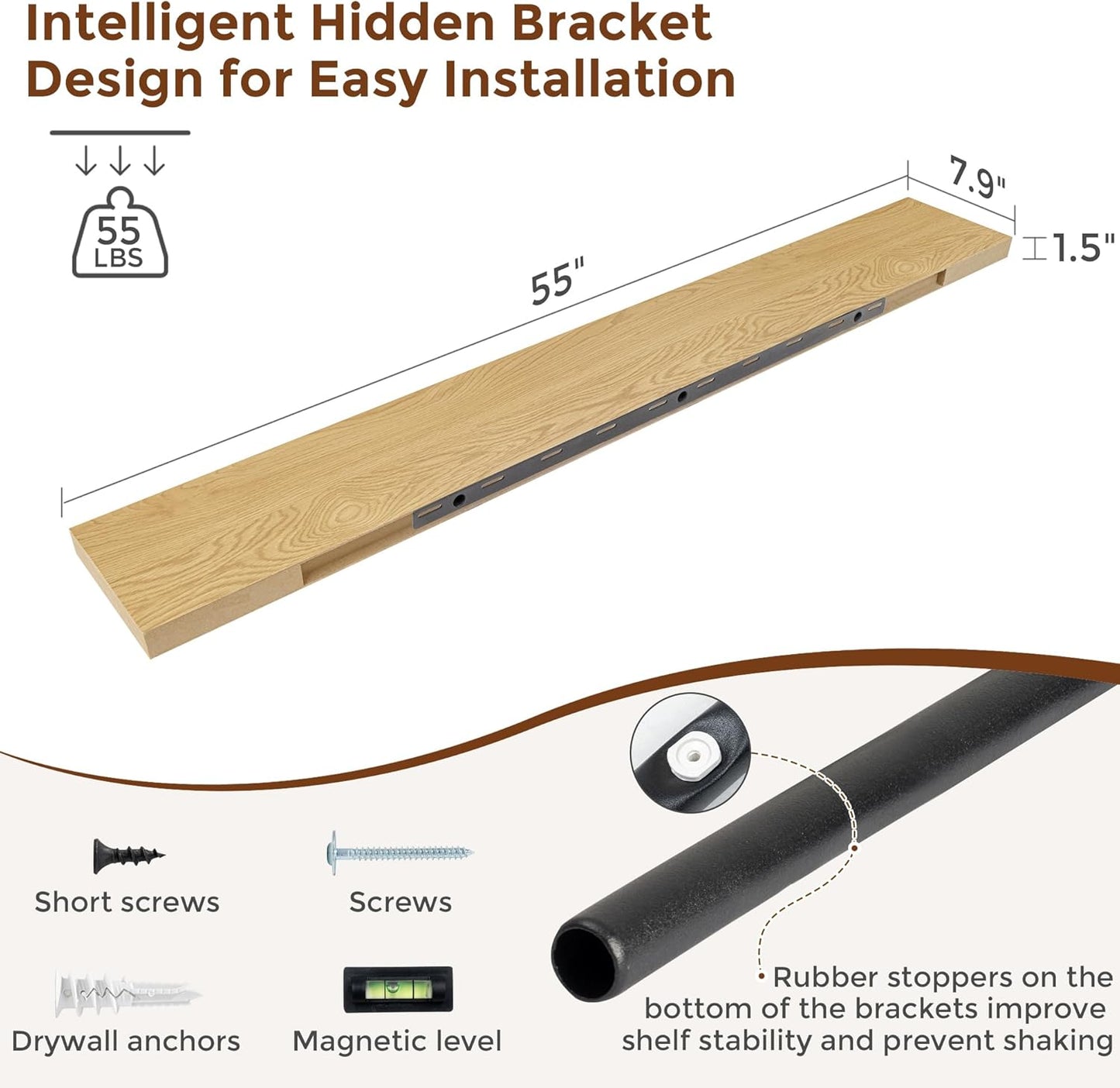 Heimlove 55 Inch Floating Shelves for Wall 8 Inch Deep Oak Shelves Set of 2,Wall Mounted Rustic Wood Long Floating Shelf，Large Extra Display & Storage Shelf with Invisible Brackets