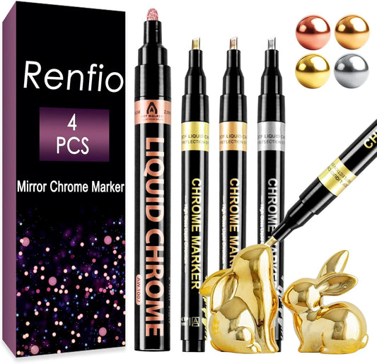 Renfio Chrome Paint Markers, 4 Colors Liquid Chrome Metallic Markers Mirror Repair Liquid Metallic Pen for Repairing Model Painting Resin DIY Craft Coloring (1-3mm) - Silver&Gold&Rose Gold&Copper