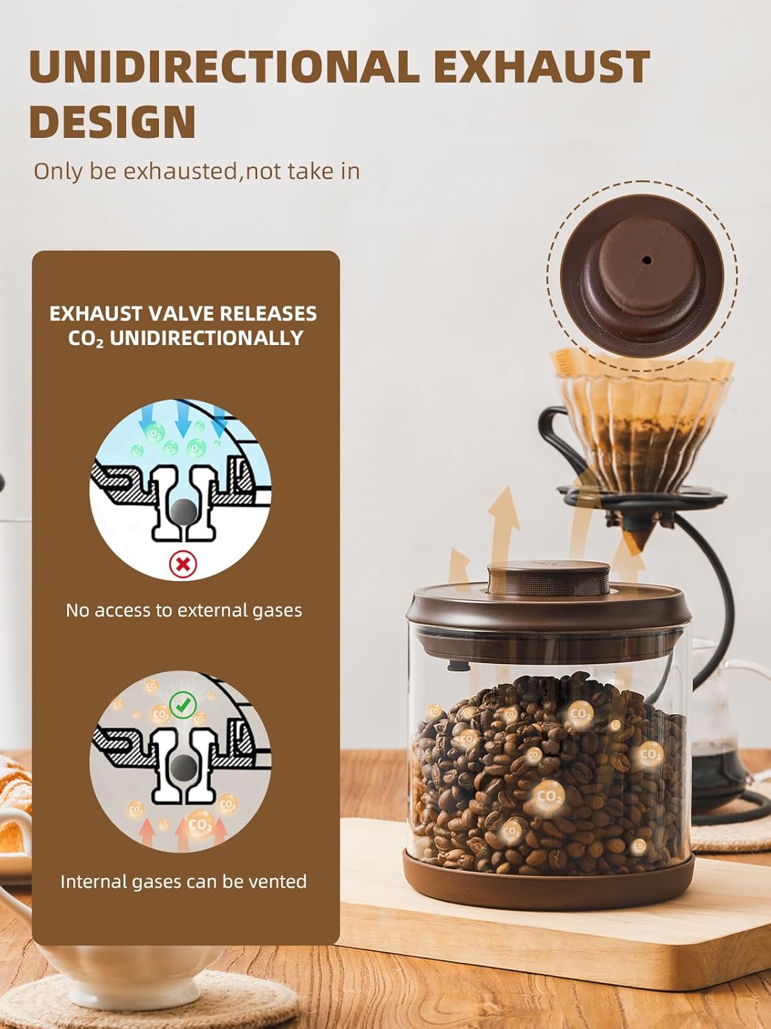 Large Coffee Canister 18 oz, Airtight Food Storage Container with Pop Lid, CO2-Release Valve, High Borosilicate Glass Contianers For Tea Coffee Bean Sugar, 1700 ml Brown