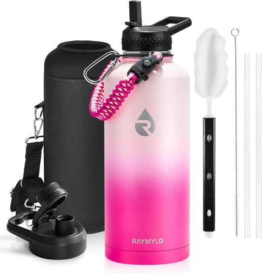 Insulated Water Bottle 87 oz, Triple Wall Vacuum Stainless Steel (Cold for 48 Hrs), Leak Proof & Non-BPA, Modern Water Flask Jug with Paracord Handle & Straw Spout Lids, Ombre Pink