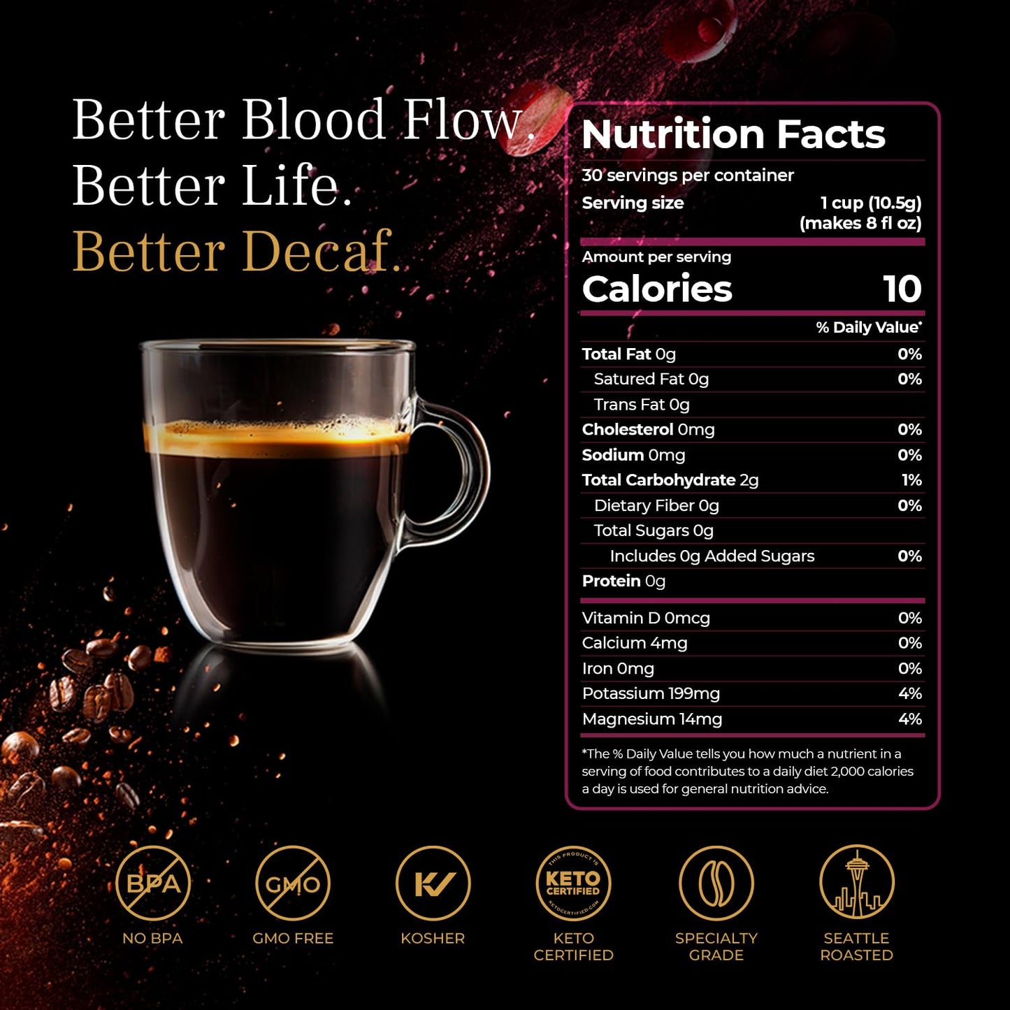 VINIA Blood Flow DECAF Coffee - Medium Roast Superfood Coffee Pods, Swiss Water Process Powered by Red Grape Piceid Resveratrol Boost Energy Compatible with K Cup Coffee Pods Machines, Caffeine Free, 30 Ct