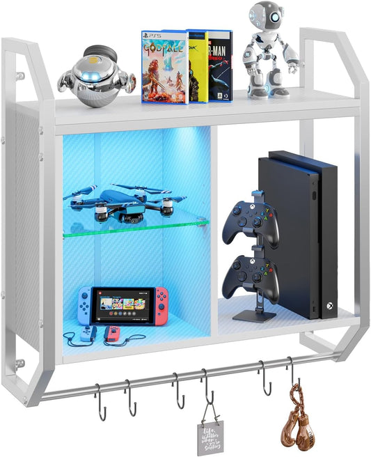 Bestier LED Gaming Floating Shelves for Wall, 25" Wall Mounted Shelf Pipe Adjustable Glass Shelves, White Hanging Display Rack with 6 S-Hooks Towel Bar, Gaming Bedroom Decor Shelf