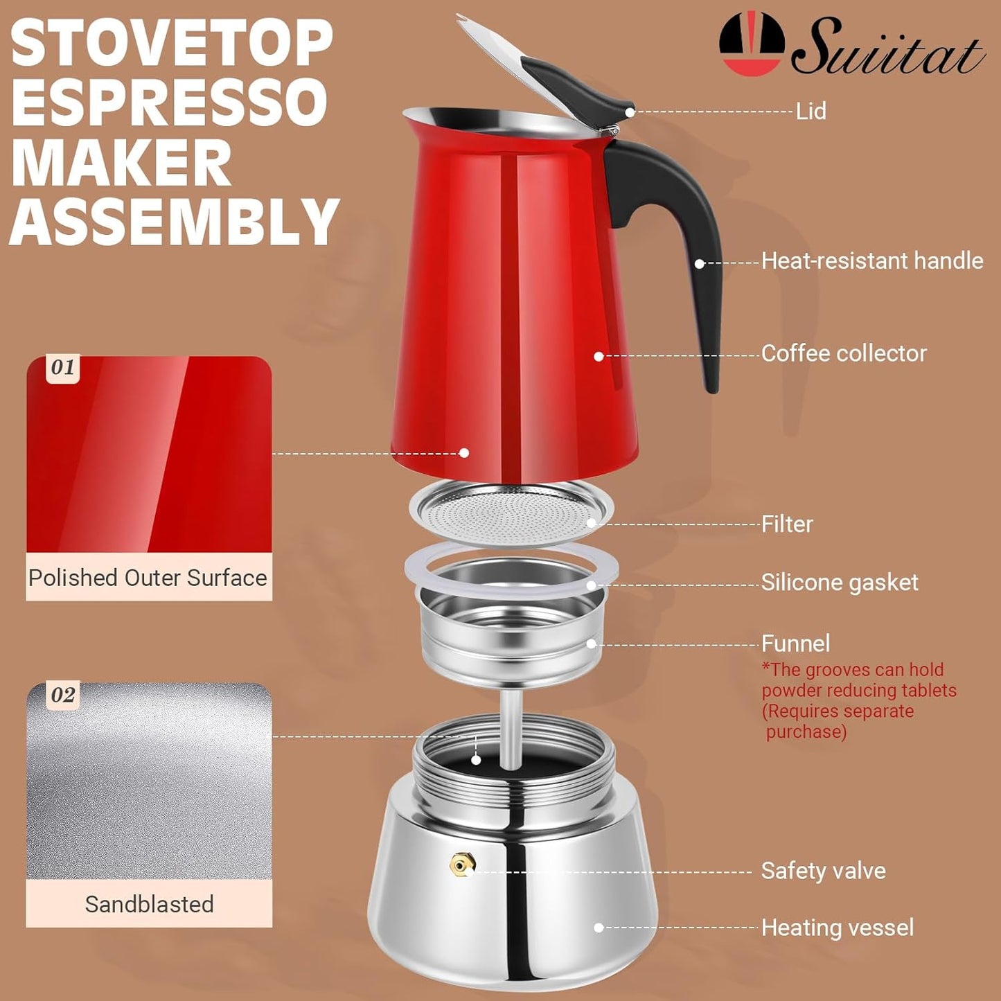 Moka Pot, 4 Cups (7.1 oz) Stovetop Espresso Maker, 304 Stainless Steel Moka Pot, Induction Compatible, Red