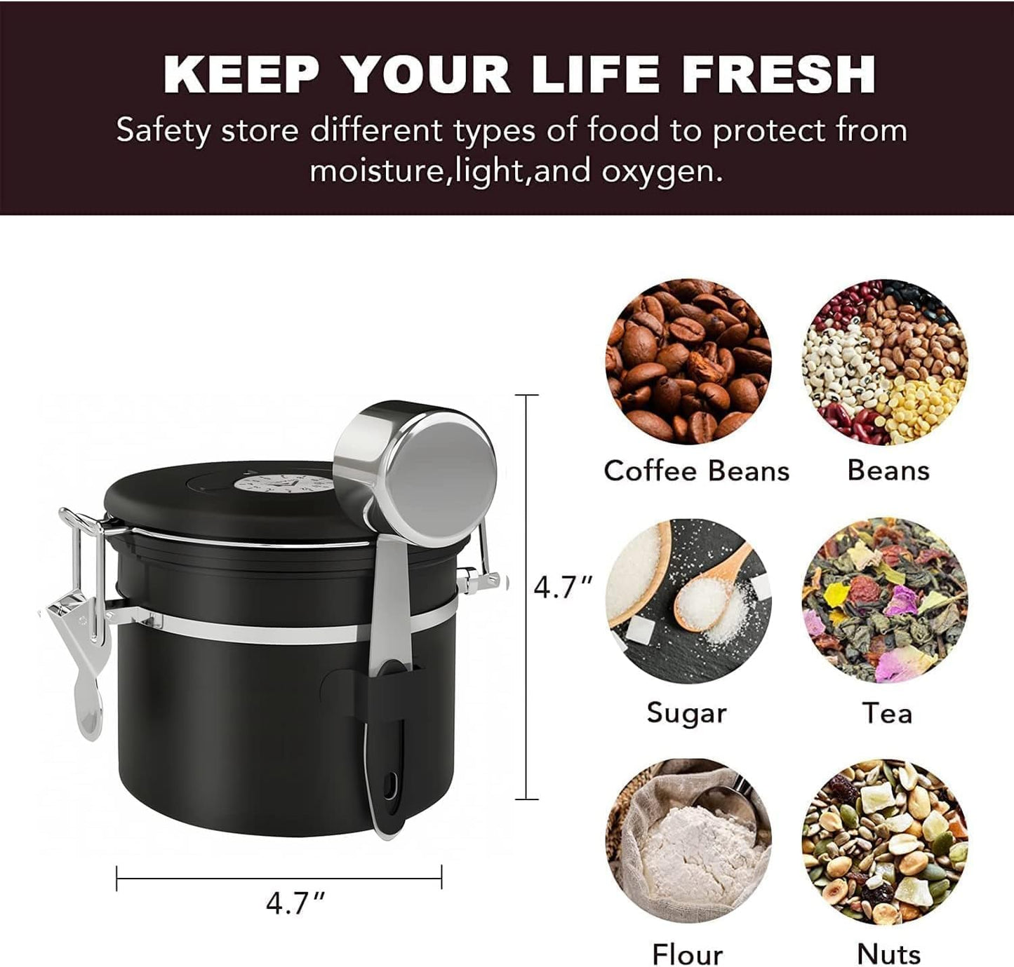 ShanSon Coffee Canister Airtight Coffee Container Stainless Steel Coffee Bean Storage Container with Scoop Coffee Canister for Beans Grounds Sugar Flour Tea Cereal,11OZ, Black