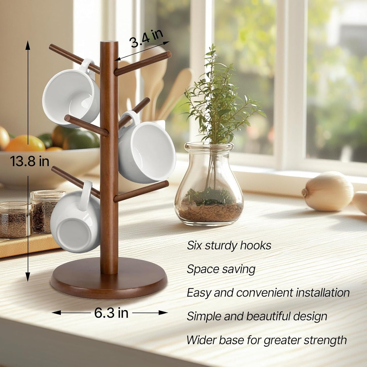 Wooden Mug Holder Tree, Coffee Cup Holder, Mug Organizer with 6 Hooks (Brown)