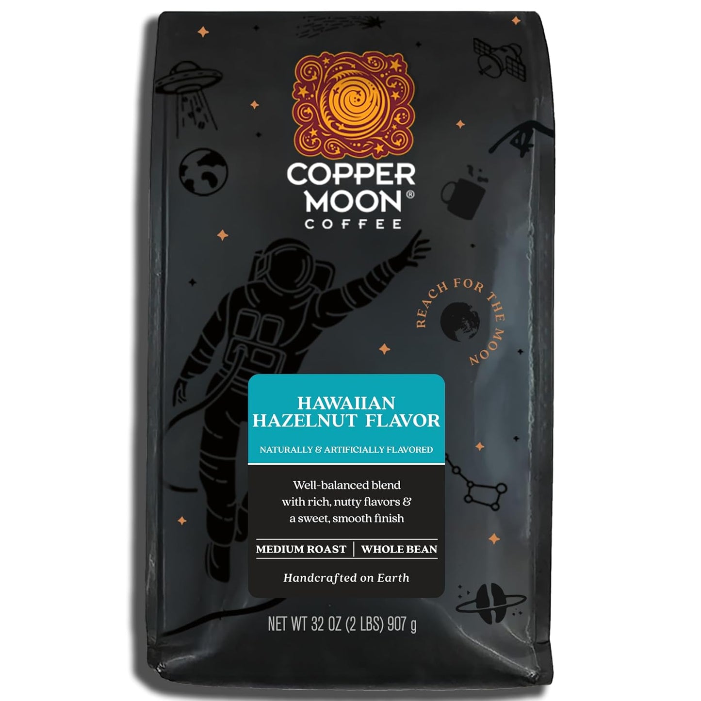 Copper Moon Medium Roast Whole Bean Coffee, Hawaiian Hazelnut Blend, 2 Lb
