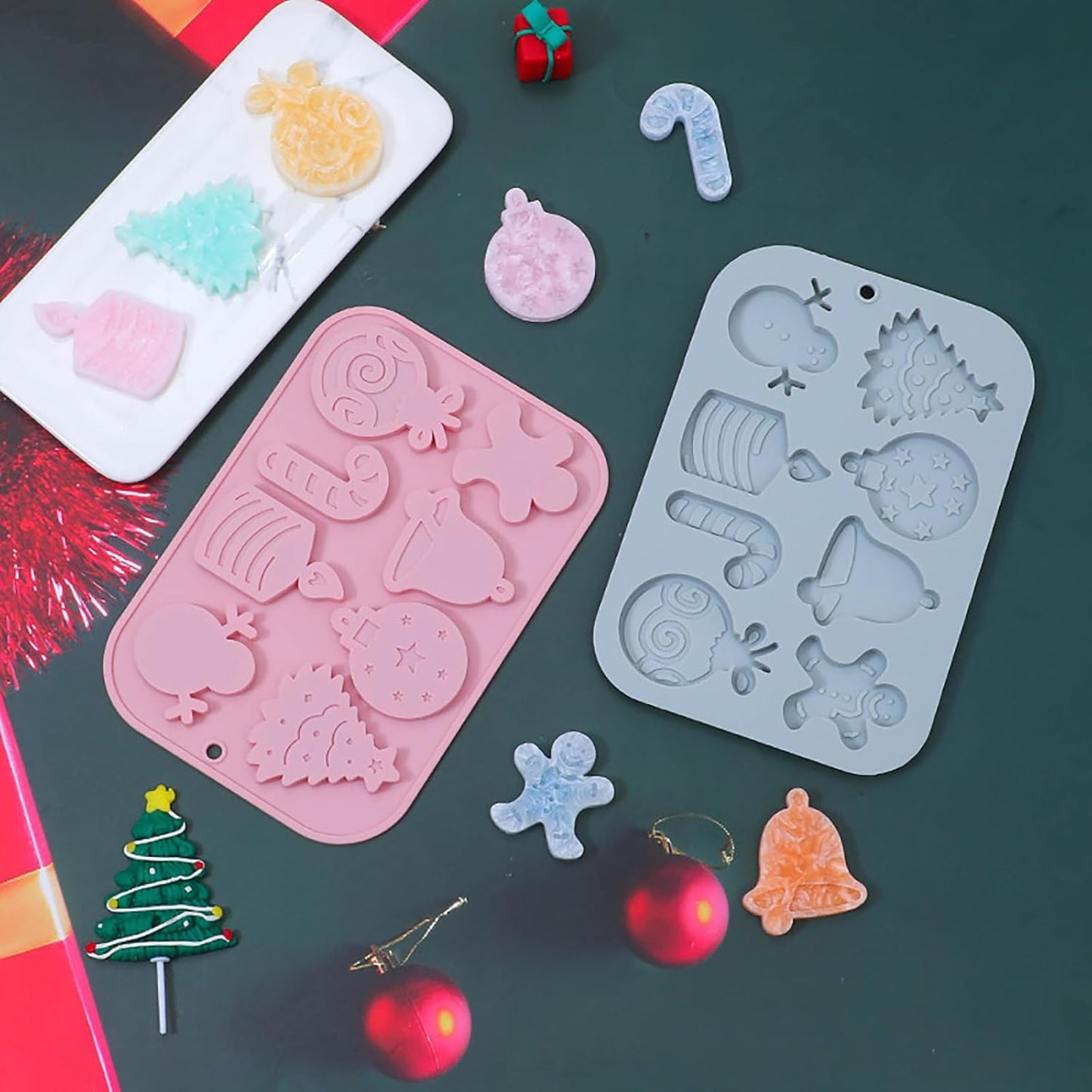 Christmas Silicone Chocolate Molds, 2 Pcs Snowman Bell Candle Gingerbread Man Walking Stick Christmas Tree and Gift Set 3D Shaped Molds, for Jelly Soap Fondant Candy Pastry Gummies Cake Decorating