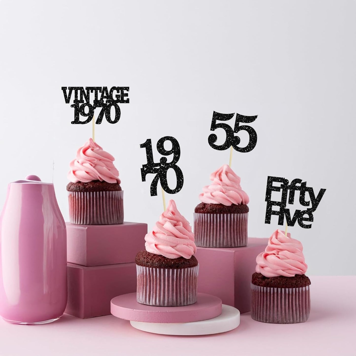 Gyufise 24Pcs Vintage 1970 Cupcake Toppers Glitter Cheers to 55 Fabulous Fifty Five Cupcake Picks 55th Birthday Wedding Anniversary Party Cake Decorations Supplies Black