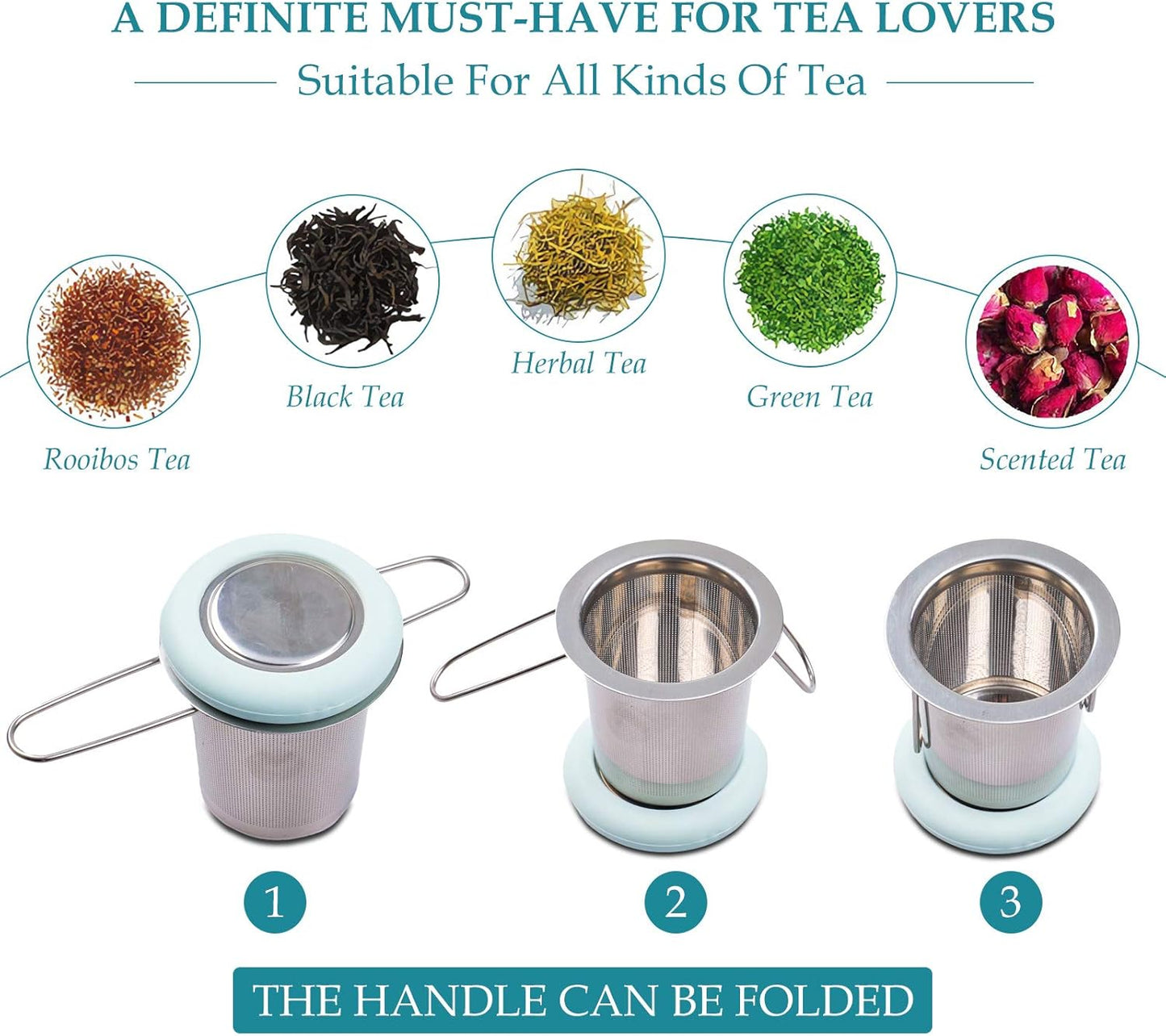 Fenshine Tea Infuser Stainless Steel Tea Strainer Folding Handle Tea Filter Extra Fine Mesh Strainer Brewing Basket with Lid for Loose Leaf Tea (Light Blue) …