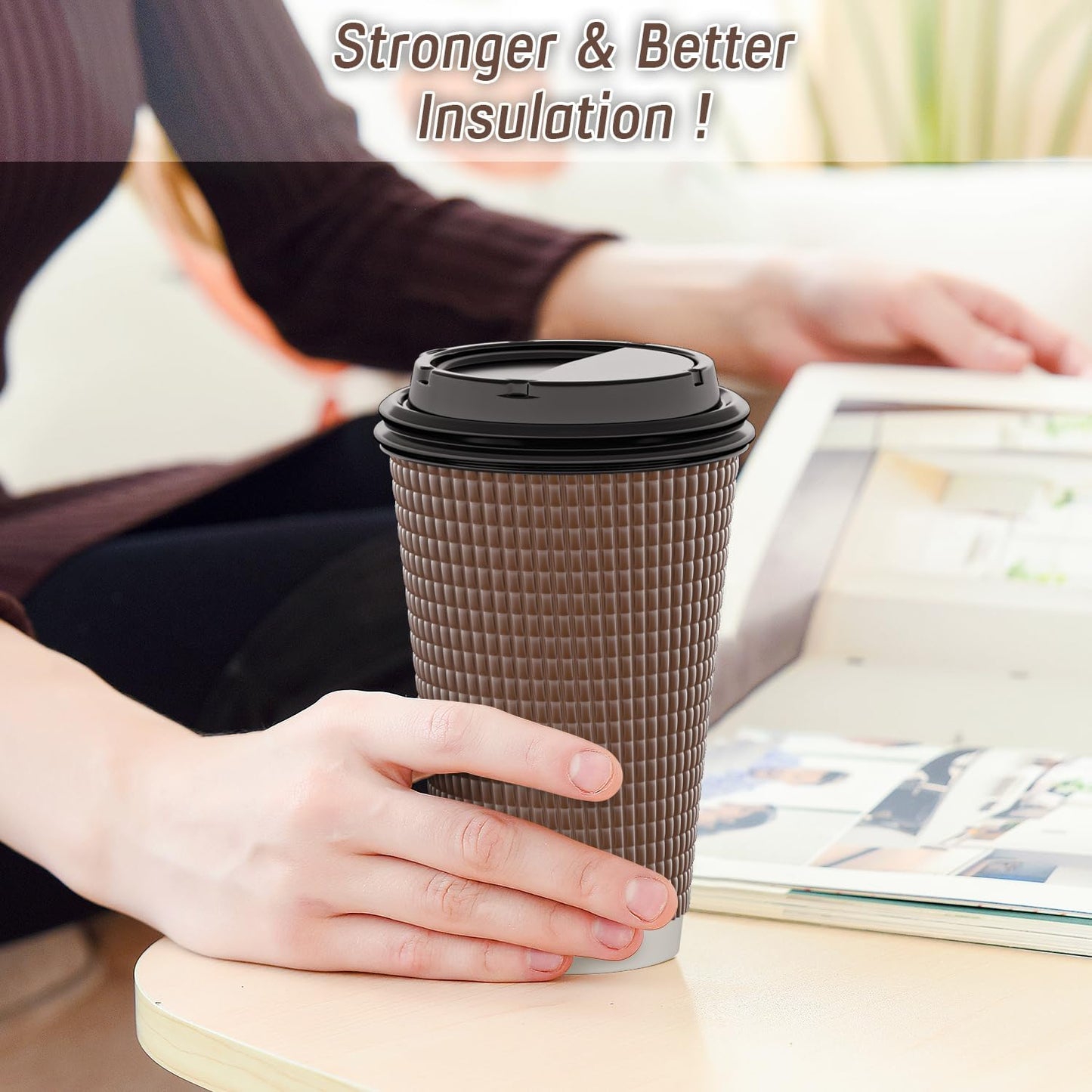 Qunclay Disposable Coffee Cups with Lids,16 oz (80 Pack) Togo Hot Paper Coffee Cup with Leak-Proof Lid To Go for Hot/Cold Beverages Insulated Reusable Drinks Corrugated Ripple Cups (Brown)