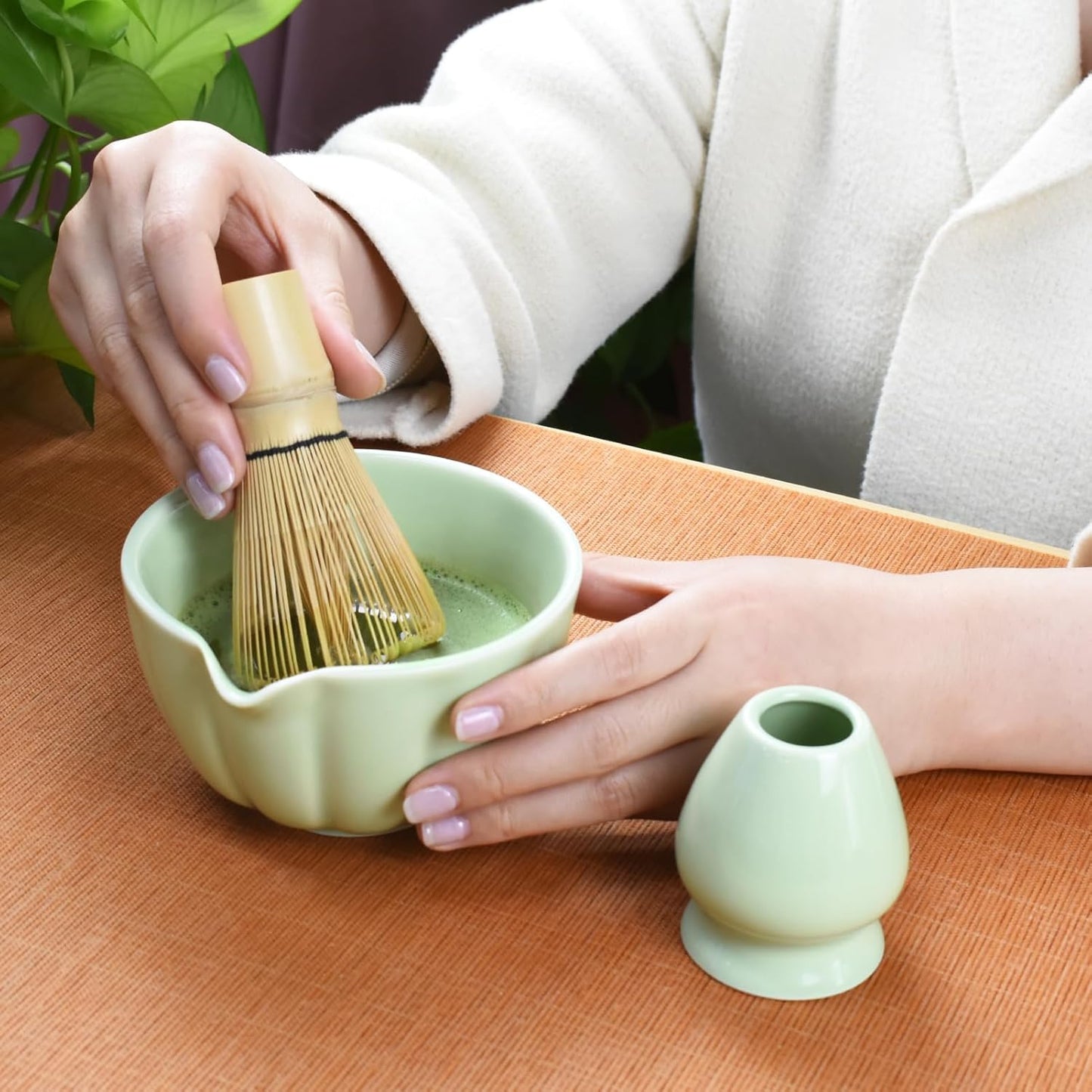 Artcome 7 Pcs Japanese Matcha Tea Set - Matcha Bowl with Pouring Spout, Matcha Whisk, Tea Scoop, Whisk Holder, Handmade Matcha Ceremony Kit For Japanese Tea Ceremony, Green