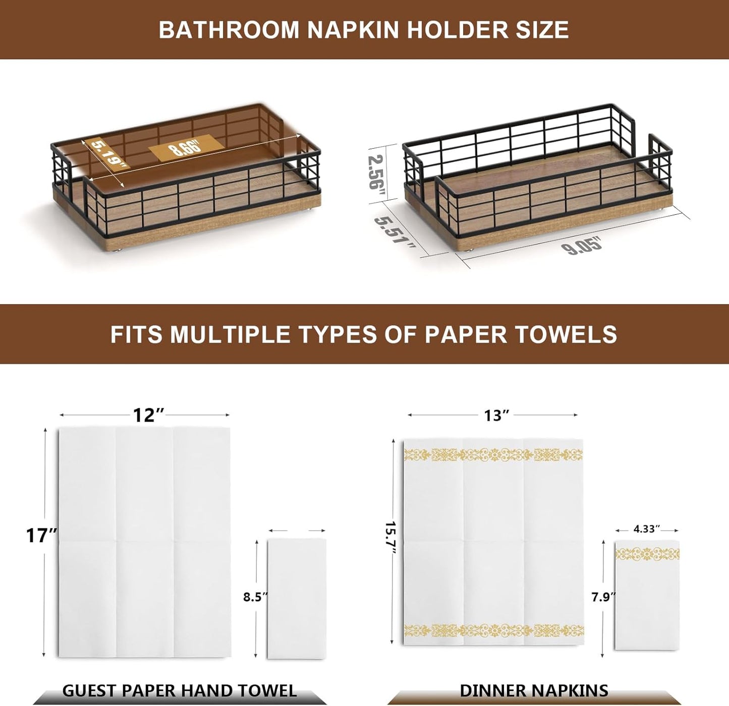 Wican Guest Towel Holder Tray for Bathroom, Acacia and Iron Napkins Holder for Powder Room Dinning Table Wooden Basket for Disposable Paper Hand Towels Black and Acacia