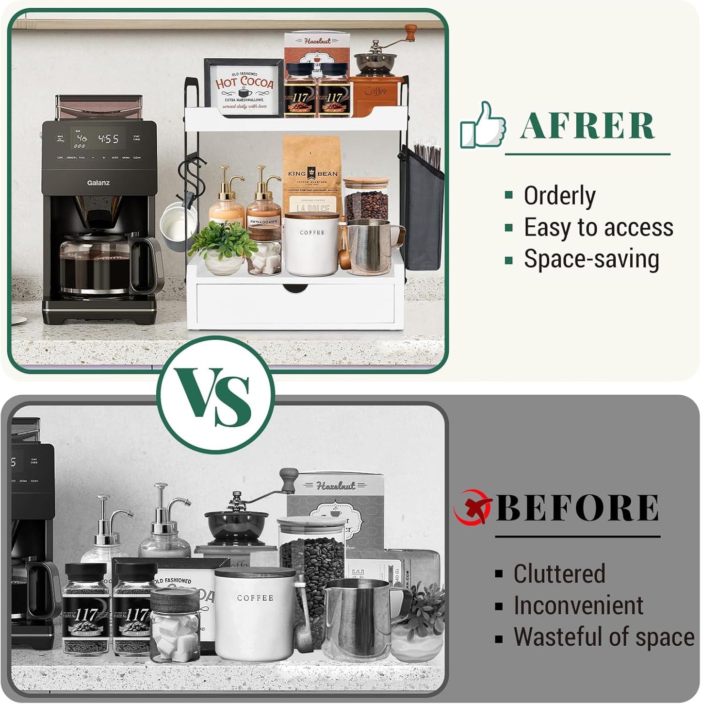 Coffee Station Organizer for Counter, Condiment Storage Caddy for Kitchen with Hooks and Bag,2 Tier Wooden Shelf for Coffee Bar Accessories,Coffee Bar Organizer for Kitchen, Home, Office-Brown