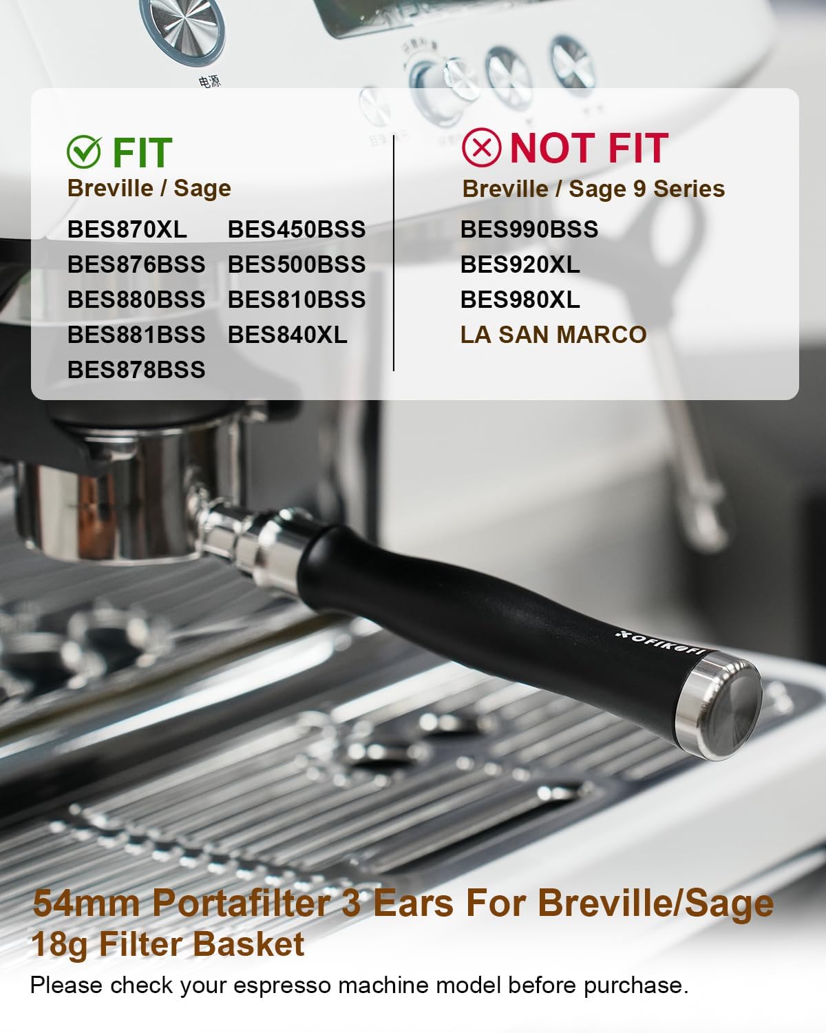 54mm Bottomless Portafilter, 3 Ears Bottomless Naked Portafilter Compatible with Breville/Sage Barista Express BES870/876/878/880/881/450/500/810/840, with Puck Screen and 18g Filter Basket