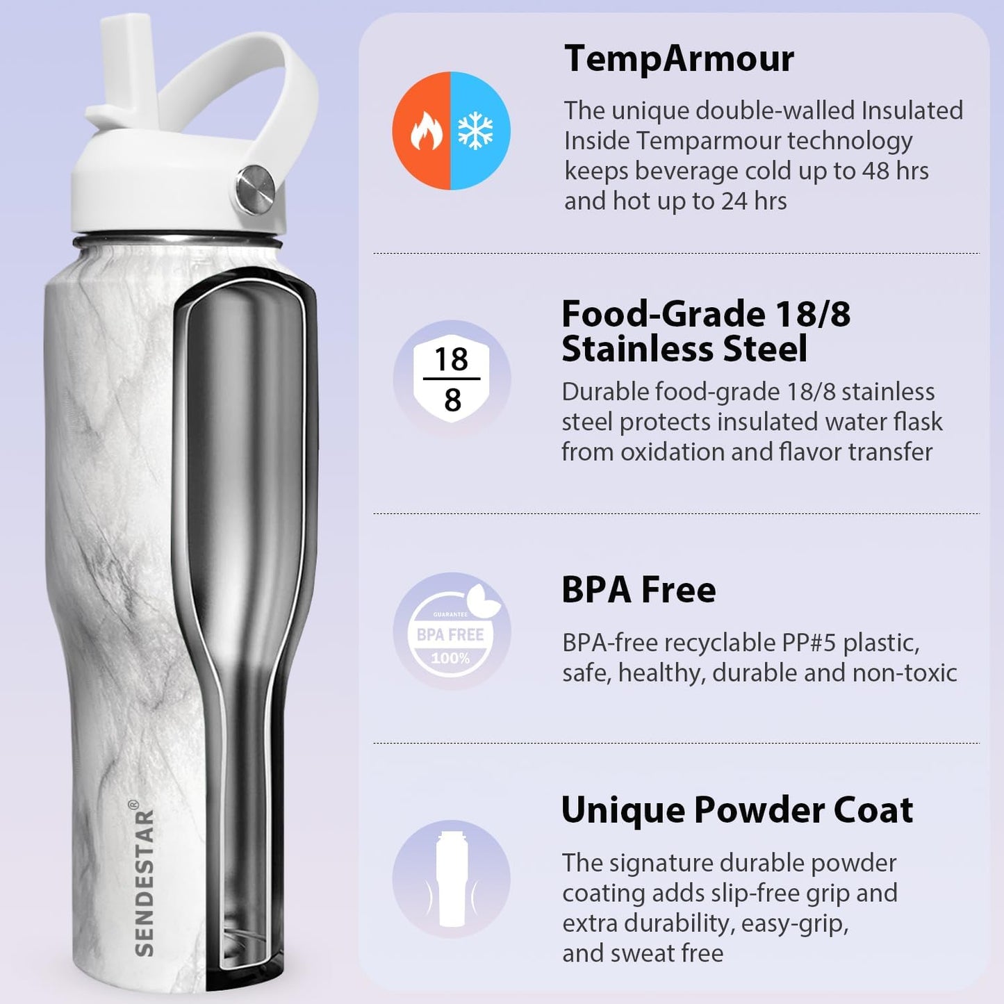 SENDESTAR 40oz Stainless Steel Water Bottle(Cold for 48 Hrs, Hot for 24 Hrs),Double Wall Vacuum Insulated Bottle with Straw Lid, Spout Lid and Flex Cap, Fit in Any Car Cup Holder TXIN-40-Marbling