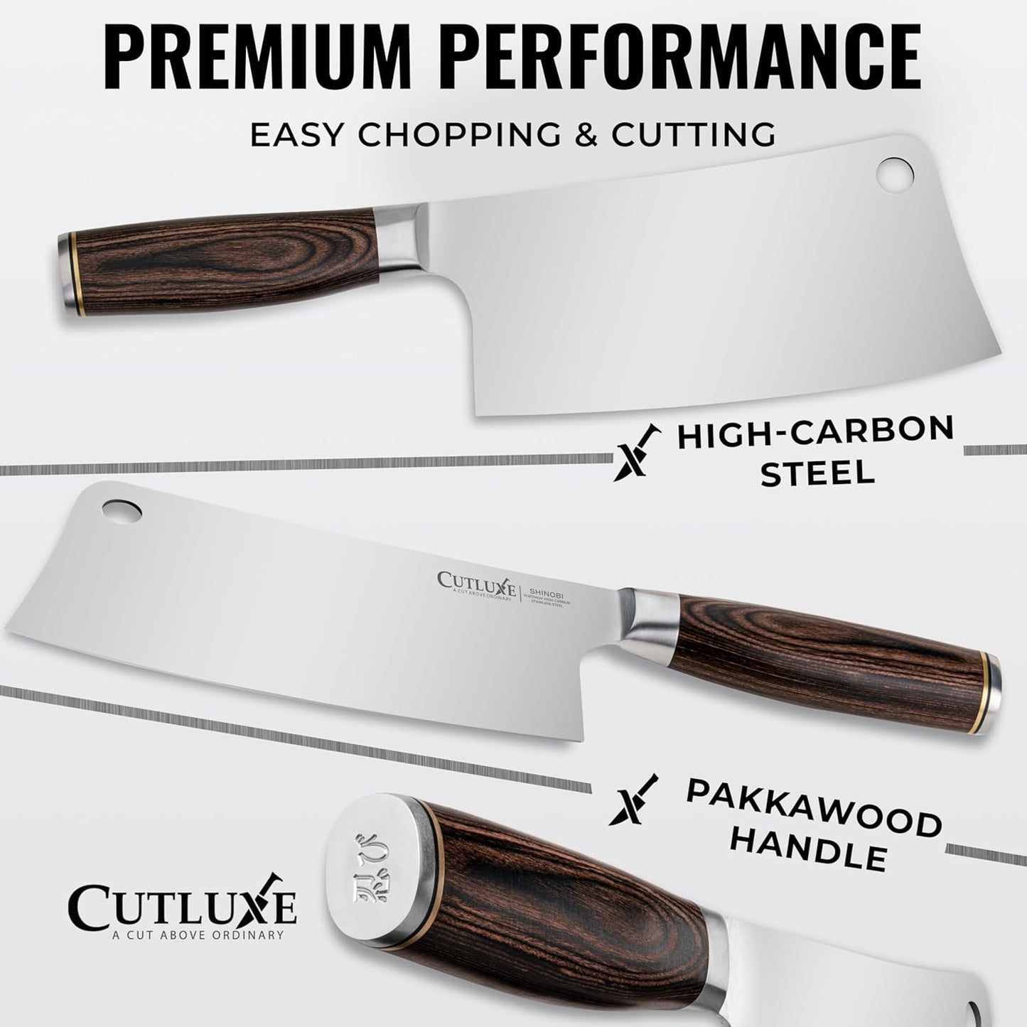 Cutluxe Meat Cleaver Knife – Ultra Sharp 7" Meat Cleaver, Butcher Knife, High Carbon Stainless Steel Blade, Full Tang Pakkawood Handle – Shinobi Series