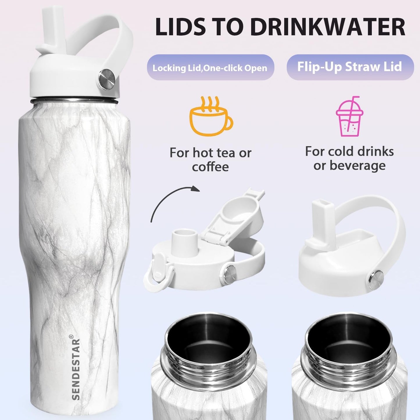 SENDESTAR 32oz Water Bottle Wide Mouth Stainless Steel Vacuum Insulated Double Wall with 2 Straw Lids Fit in Any Car Cup Holder TXIN-32-Marbling