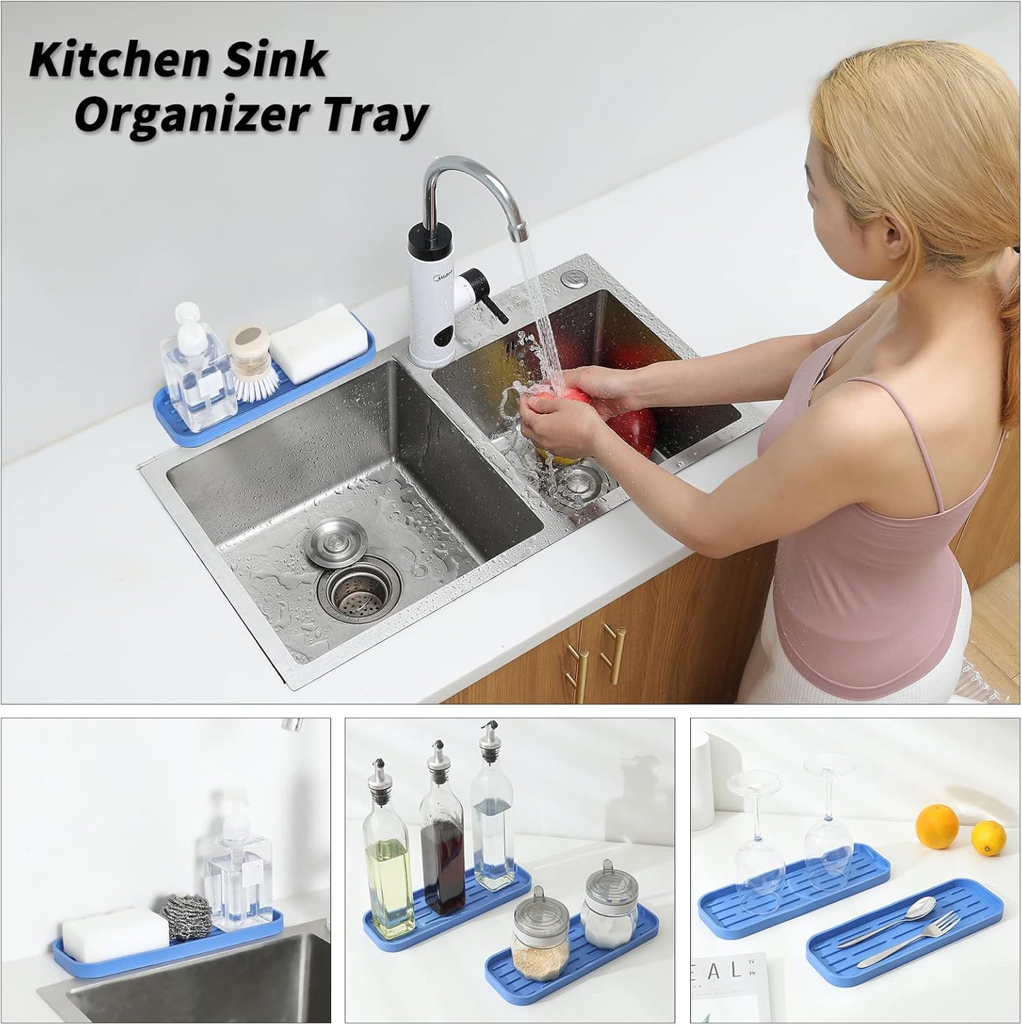 Silicone Kitchen Sink Organizer Tray for Multiple Usage,Eco-Friendly Sponges Holder for Kitchen Bathroom Counter or Sink,Dish Soap Dispenser,Scrubber,Bottle,Cup (Lichen Blue, 12"×4")