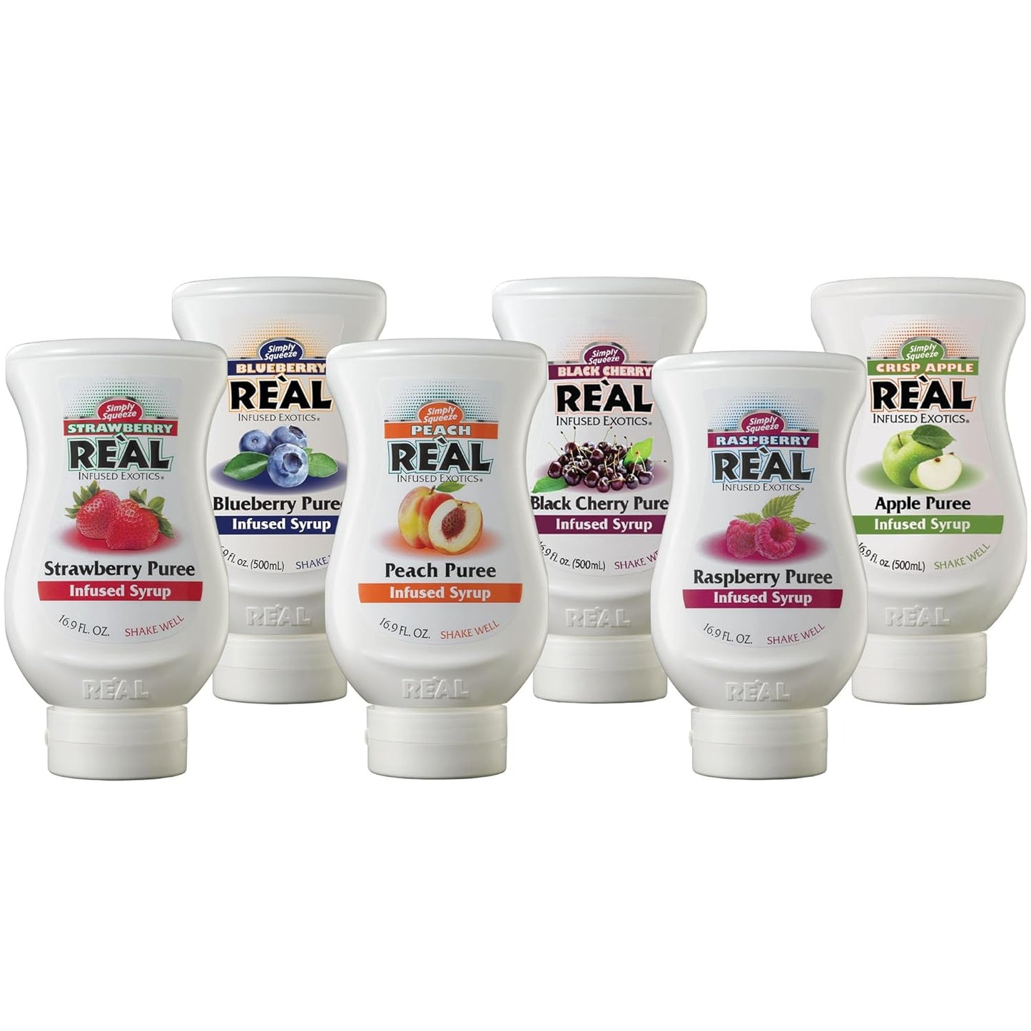 Reàl Fruit Infused Flavoring Syrup Variety - Strawberry, Raspberry, Peach, Blueberry, Black Cherry, Crisp Apple (Pack of 6, 16.9 FL OZ Bottles)