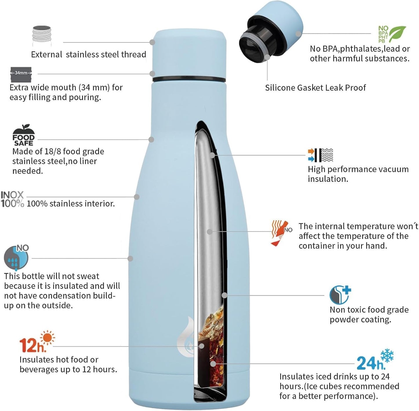 BJPKPK Insulated Water Bottle 12oz Small Stainless Steel Water Bottles Reusable Metal Thermos Keep Cold and Hot,Sky Blue