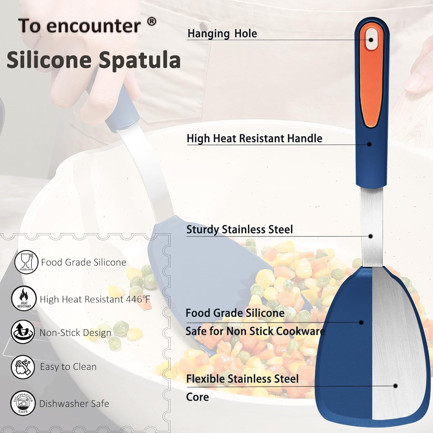 To encounter 5 Pieces Silicone Spatula Set, Non-Stick Silicone Turner Spatulas, Heat Resistance Cooking Utensils, Flip Turner for Fish, Egg, Pancake, Navy Blue