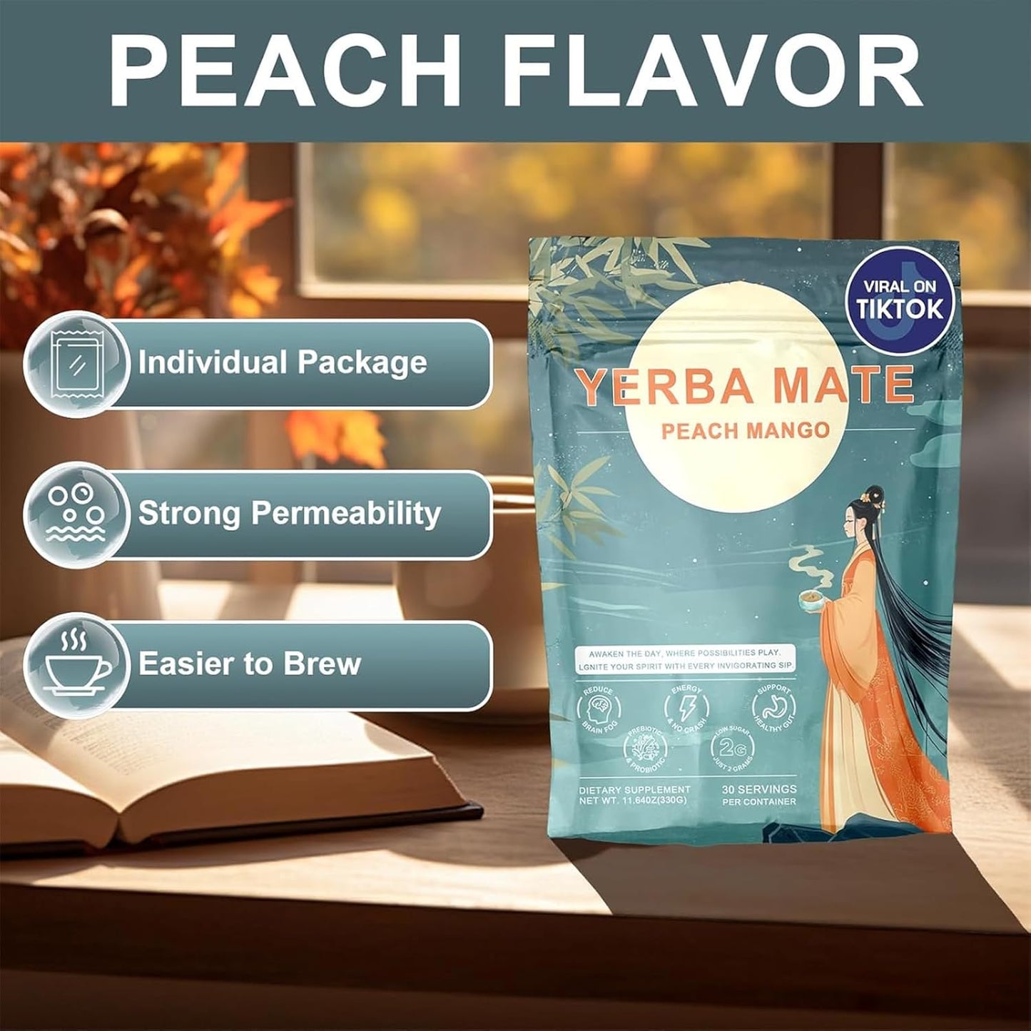 Yerba Mate Instant Tea Powder, 3-in-1 Super Drink - Clean Energy, Brain Fog Buster | Pure Natural Extract, Focus and Gut Health Support, Yerba Mate Peach Mango 0.72 lb