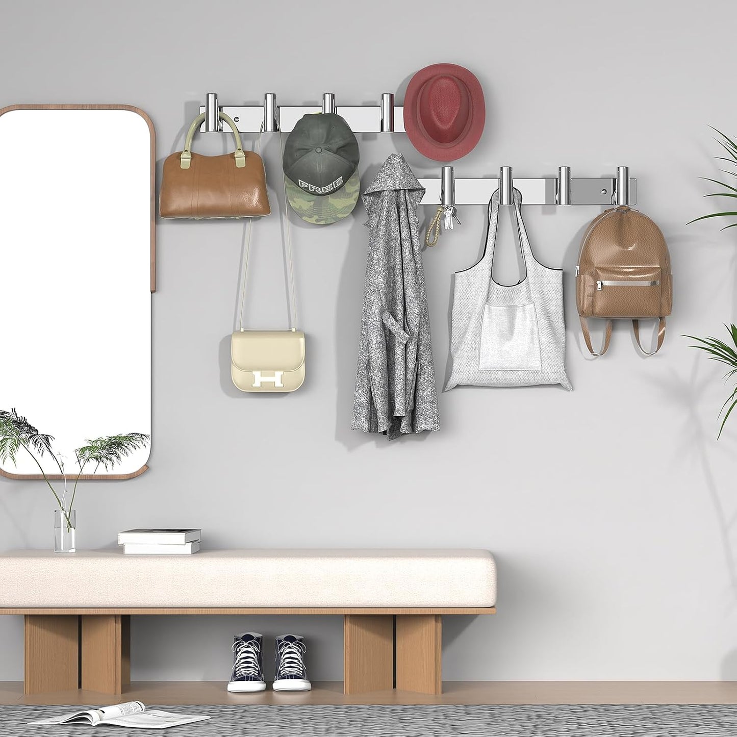 VAEHOLD Hat and Coat Wall Mount Rack - Hooks for Robes, Bags, Keys, and Towels - Bathroom Towel Hanger Organizer (Polished Chrome, “T“ Shape 5 Hooks 1 Pack)