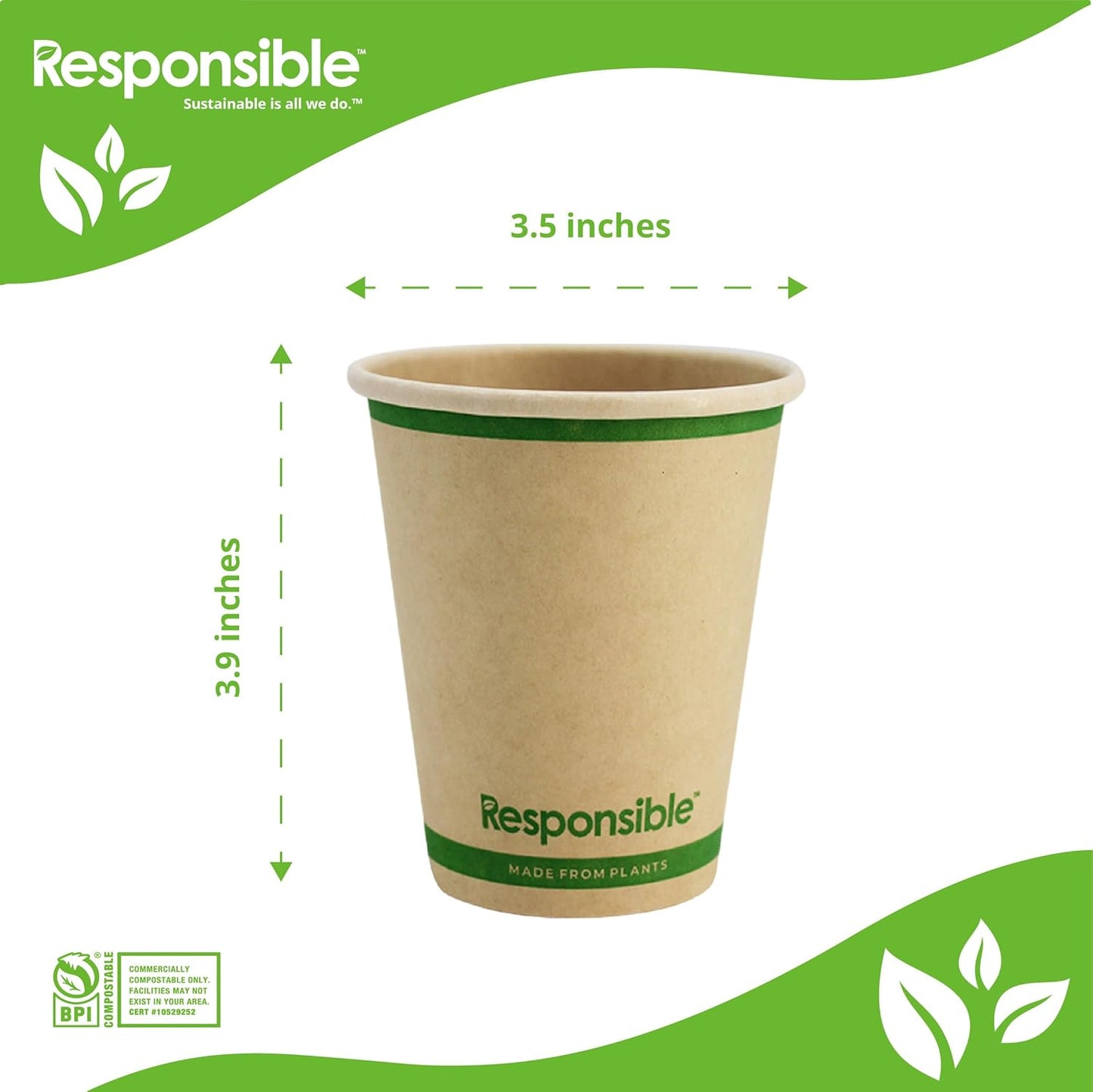 Certified Compostable 10 oz Paper Cups, Cold ＆ Hot Coffee Cups, Disposable Paper Cups, Extra Strength Disposable Cups, Made without PFAS (50 count)