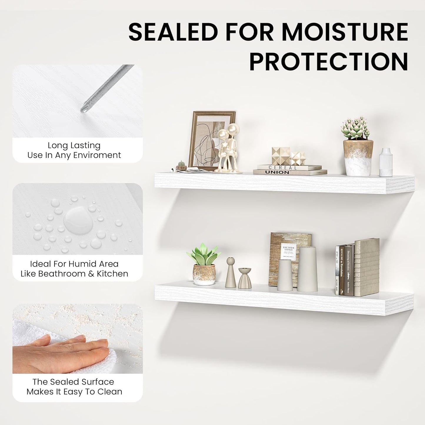 Floating Shelves for Wall, 31.5" W x 6.7" D x 1.5" H, Wooden Wall Mounted Display Shelves with Invisible Brackets for Living Room, Bedroom, Bathroom, Kitchen Decor and Storage, Set of 2, White