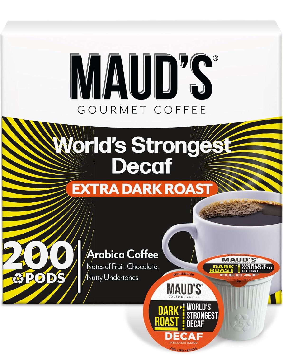 Maud's World's Strongest Decaf Coffee Pods, 200 ct, Decaffeinated Dark Roast Coffee in Recyclable Single Serve Pods – 100% Arabica Coffee, Compatible with Keurig K Cups Maker