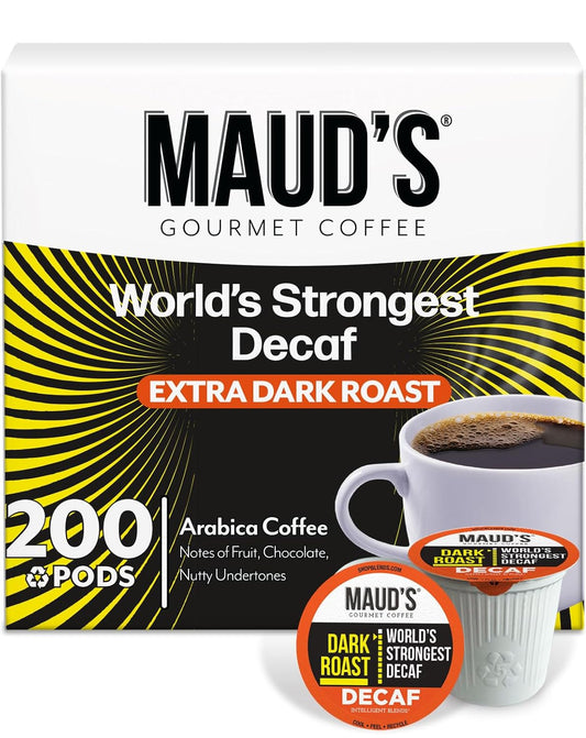 Maud's World's Strongest Decaf Coffee Pods, 200 ct, Decaffeinated Dark Roast Coffee in Recyclable Single Serve Pods – 100% Arabica Coffee, Compatible with Keurig K Cups Maker